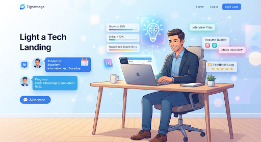 Illustration of a professional working at a laptop, surrounded by floating cards representing AI interview analysis and career progress